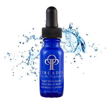 Bright White Serum bottle with dropper, blue background splash, 15 mL.