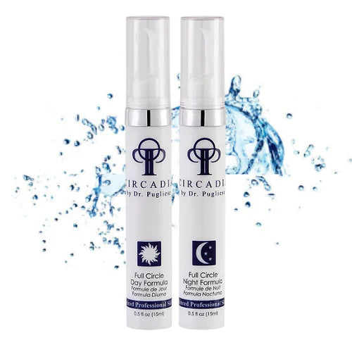 Full Circle Eye Repair Day and Night Formula tubes with blue water splash background.