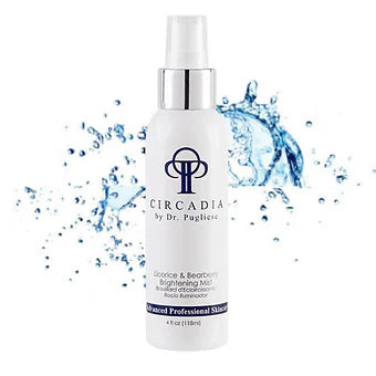 Licorice & Bearberry Brightening Mist bottle with splash background.