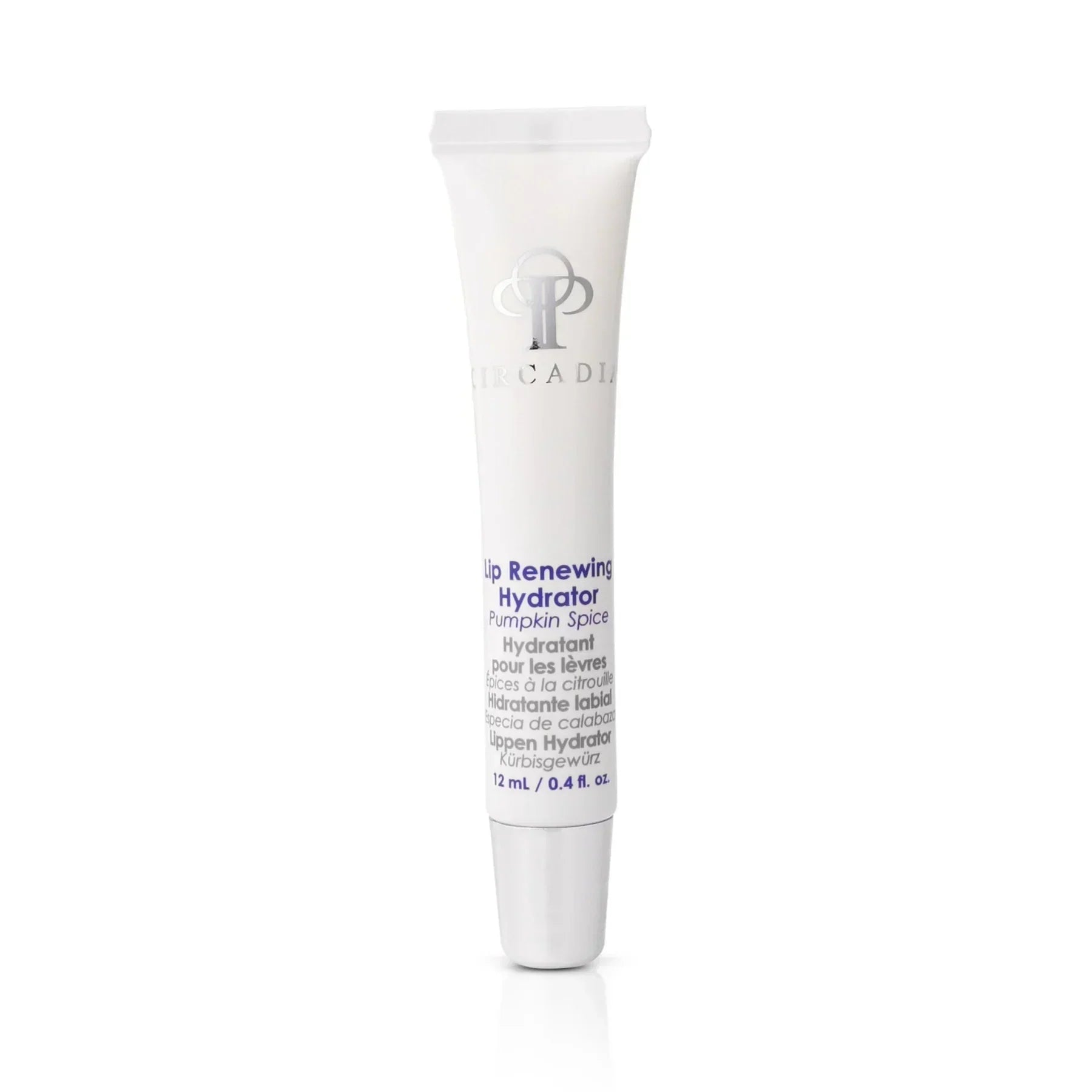 Lip Renewing Hydrator – Pumpkin Spice in white tube, 12mL, enhances lip fullness and elasticity.