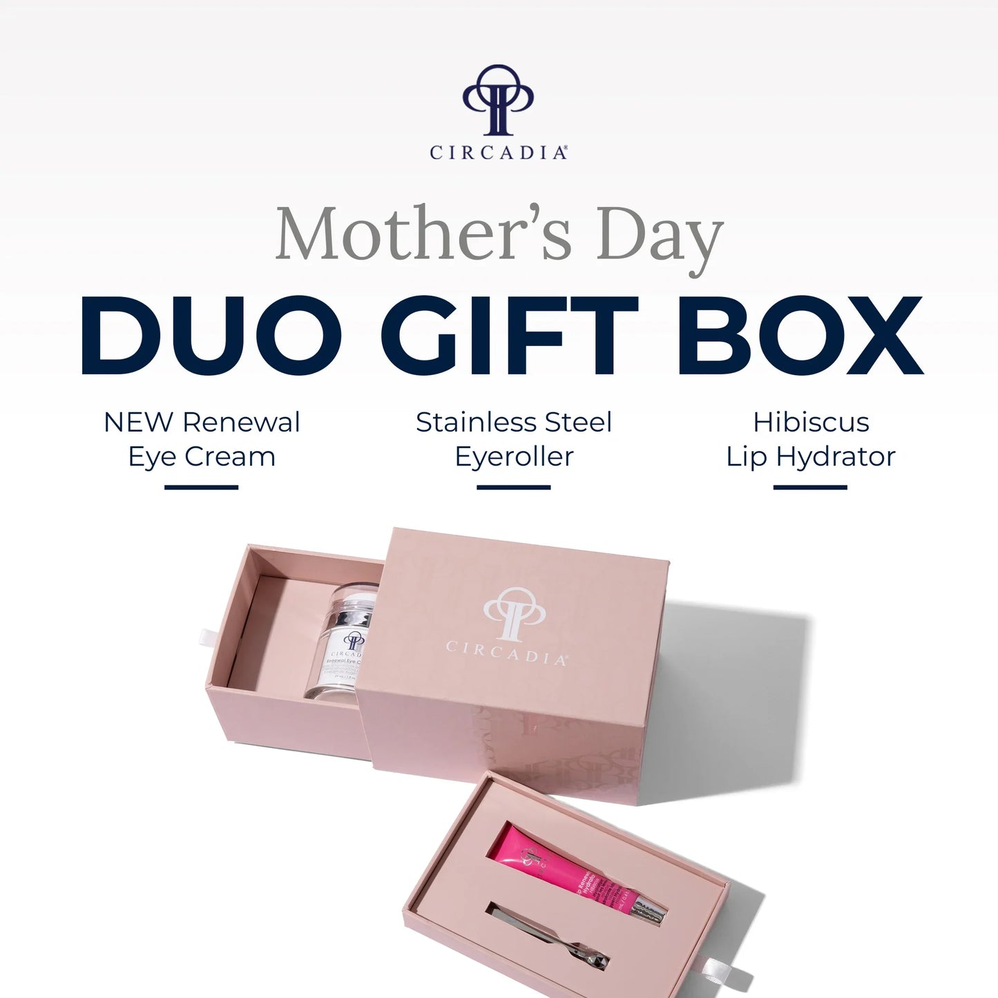 Mother's Day Duo Gift Box with Renewal Eye Cream, Hibiscus Lip Hydrator, and Eye Roller.