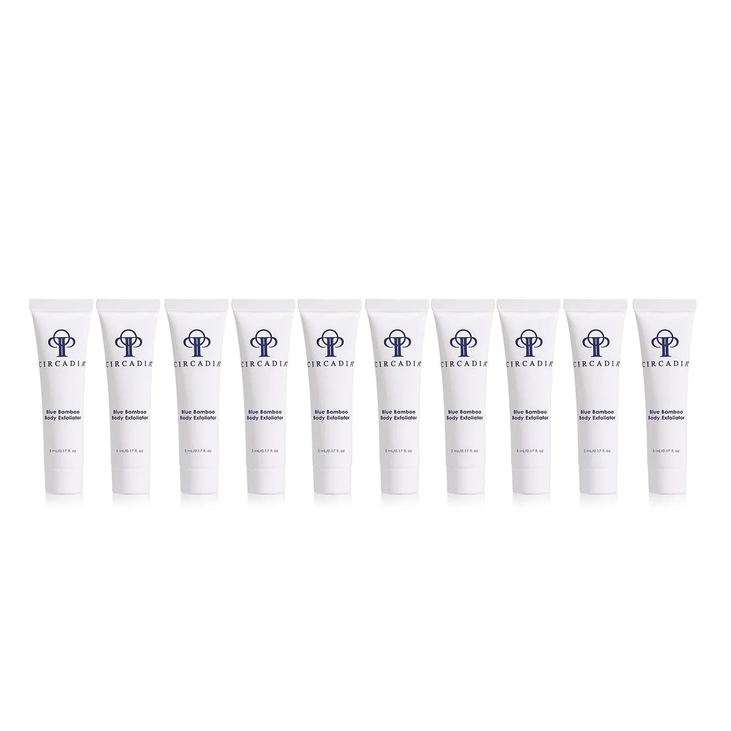 Blue Bamboo Body Exfoliator sample 10-pack with blueberry seeds and bamboo.