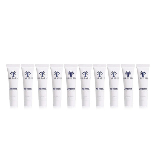 Blue Bamboo Body Exfoliator sample 10-pack with blueberry seeds and bamboo.