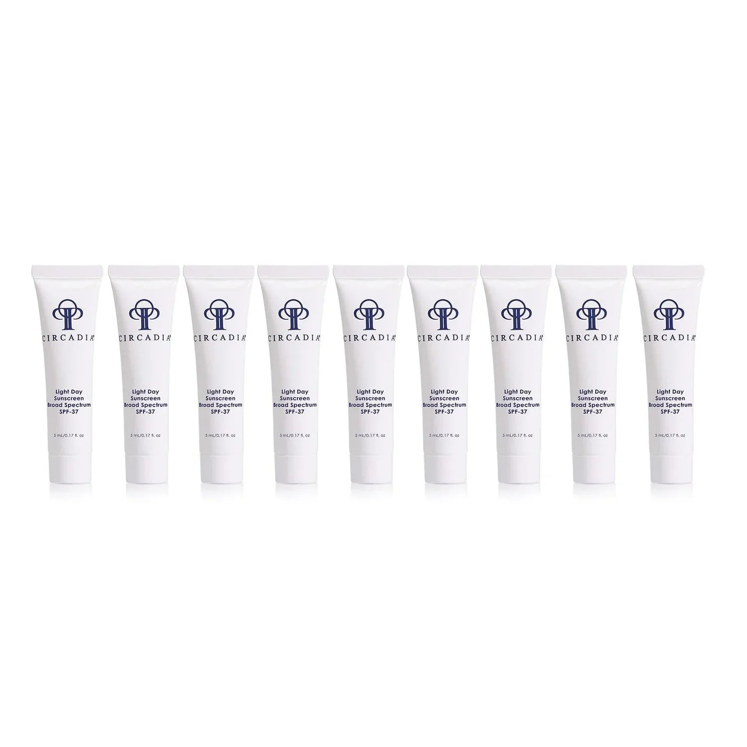 Light Day Sunscreen Broad Spectrum SPF 37, 10 sample pack, 5 mL tubes displayed.