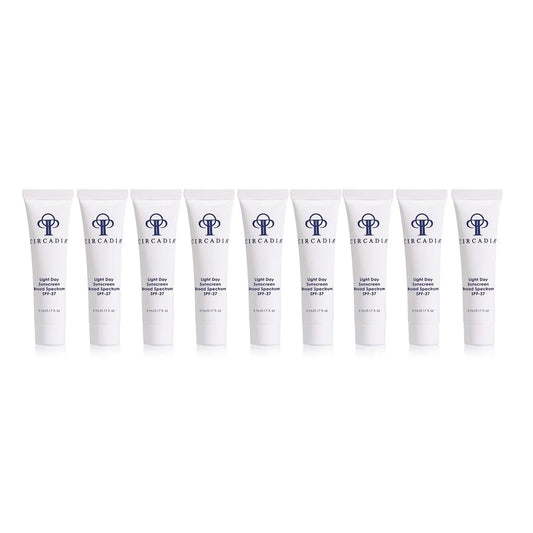 Light Day Sunscreen Broad Spectrum SPF 37, 10 sample pack, 5 mL tubes displayed.