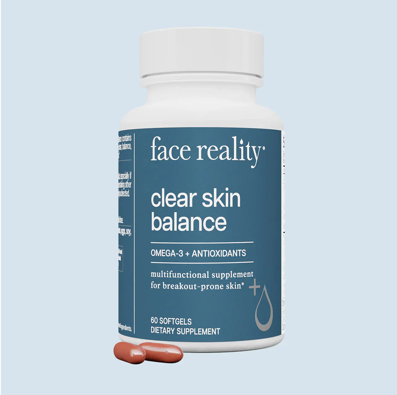 Clear Skin Balance supplement bottle with Omega-3s and antioxidants, 60 capsules.