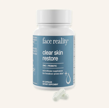 Clear Skin Restore bottle with zinc and probiotic capsules for acne-prone skin, 60 count.