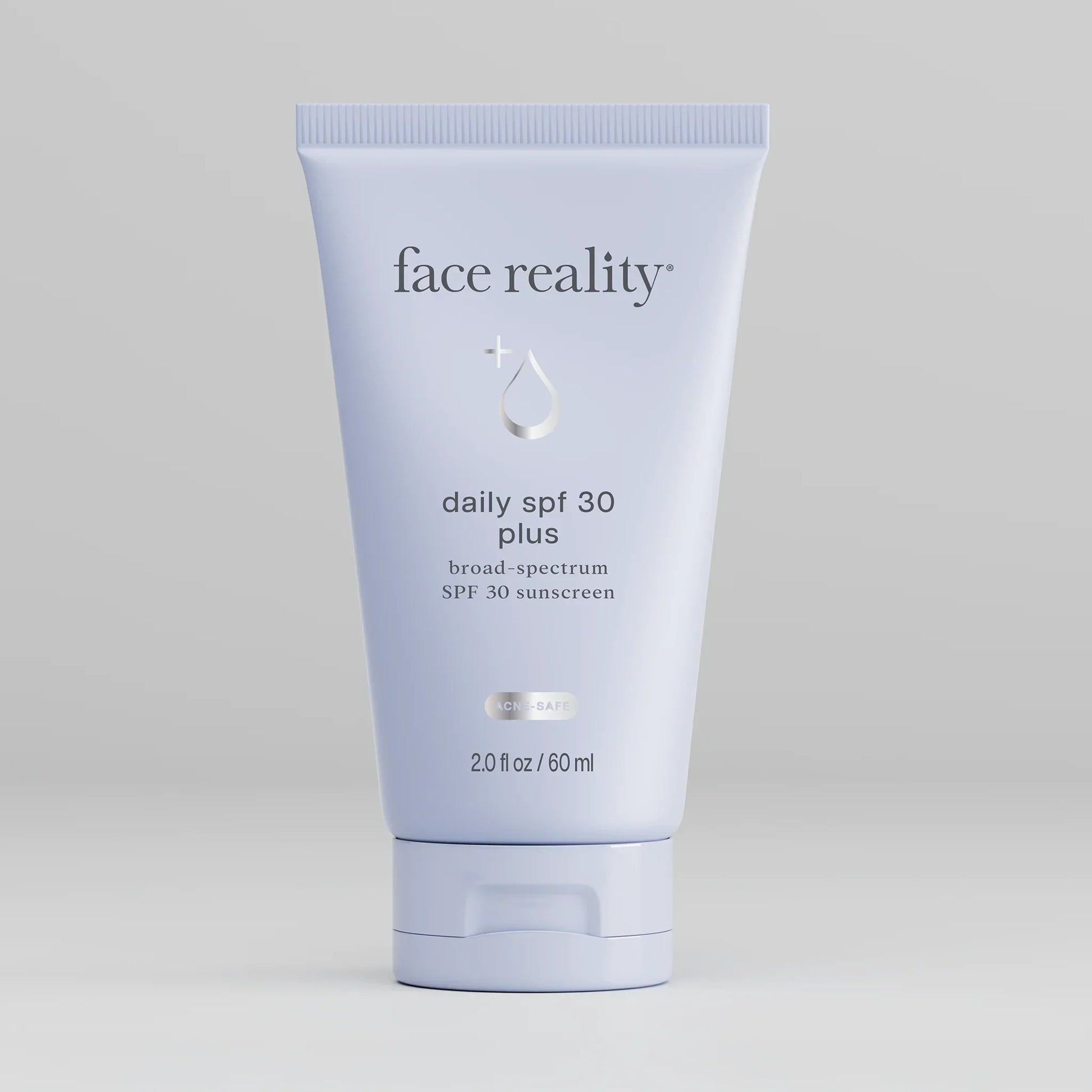 Light blue tube of 'Daily SPF 30 Plus' broad-spectrum sunscreen, designed for acne support and healthy skin.