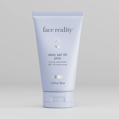 Light blue tube of 'Daily SPF 30 Plus' broad-spectrum sunscreen, designed for acne support and healthy skin.