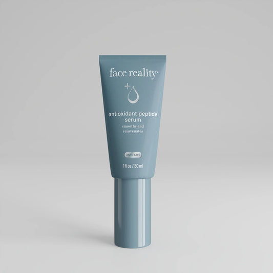 Antioxidant Peptide Serum for skin rejuvenation in a blue bottle.
