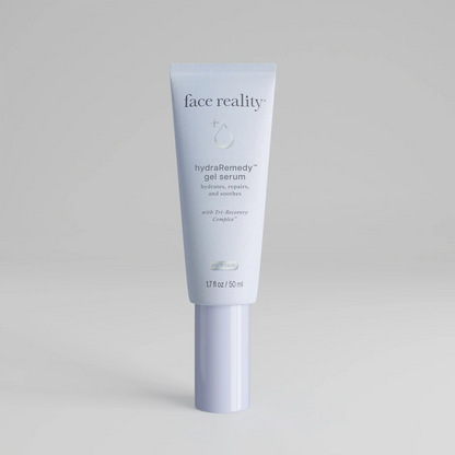 HydraRemedy Gel Serum bottle with hydrating formula for all skin types, focus on soothing and revitalization.