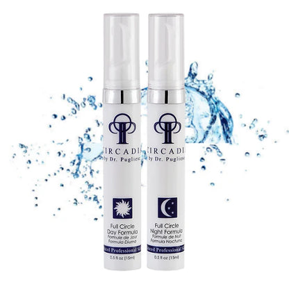 Full Circle Eye Repair Day and Night Formula tubes with water splash background.