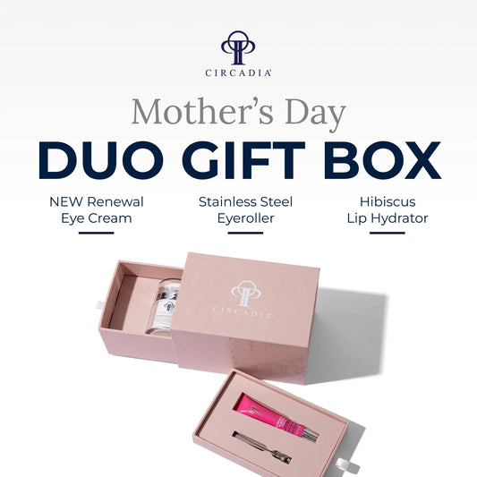 Mother's Day Duo Gift Box with Renewal Eye Cream, Hibiscus Lip Hydrator, and Eye Roller.