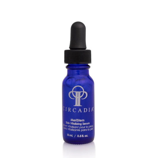 Blue bottle of MeriStem Serum with dropper, 15mL.