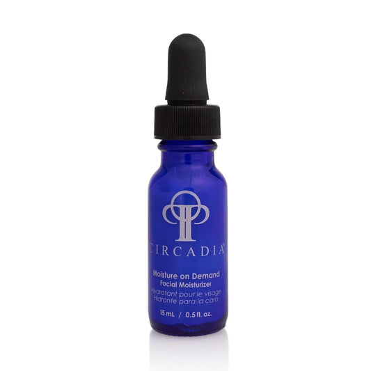 Blue bottle of 'Moisture on Demand' facial serum, 15 mL, smart hydration solution.