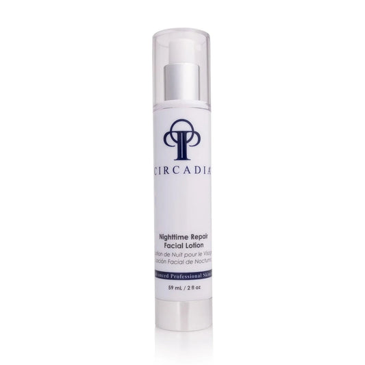 Nighttime Repair facial lotion with peptides and antioxidants, 2 oz bottle.