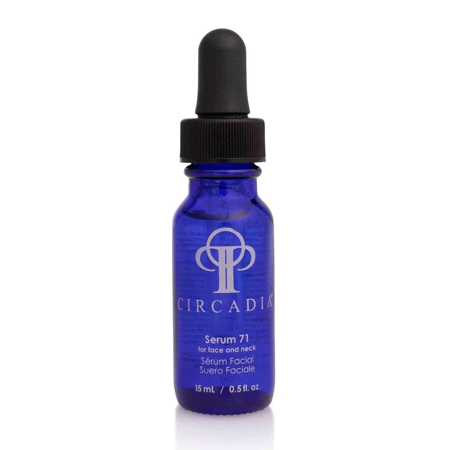 Blue bottle of Serum 71, containing immune-boosting nutrients with tranexamic, mandelic, and azelaic acids, 0.5 oz/15mL.